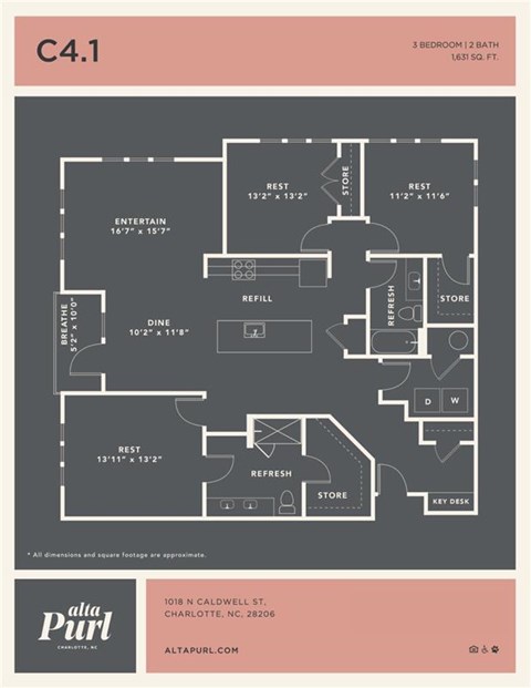 Floor plan for 3 beds, 2 baths, 1631 sqft